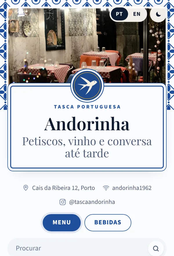 Menu da Tasca Andorinha no estilo Azulejo, na paleta Azulejo