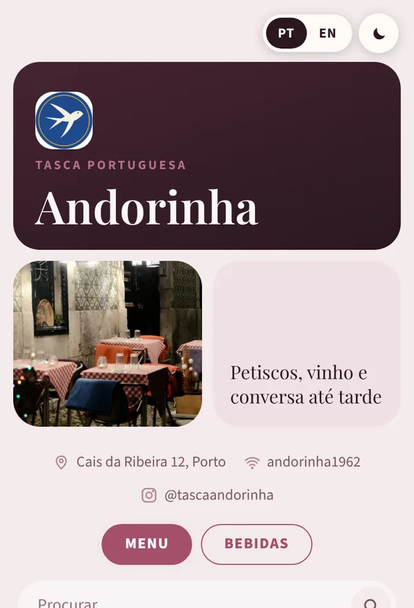 Menu da Tasca Andorinha no estilo Bento, na paleta Rosa Velho