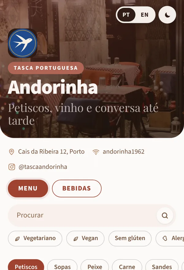 Menu da Tasca Andorinha no estilo Blocos, na paleta Terracota