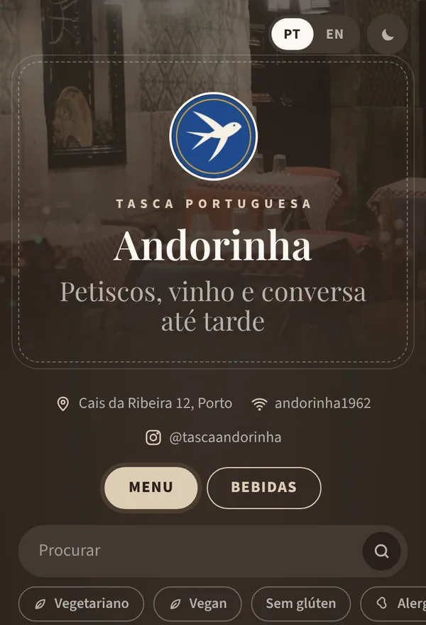 Menu da Tasca Andorinha no estilo Quadro, na paleta Cortiça