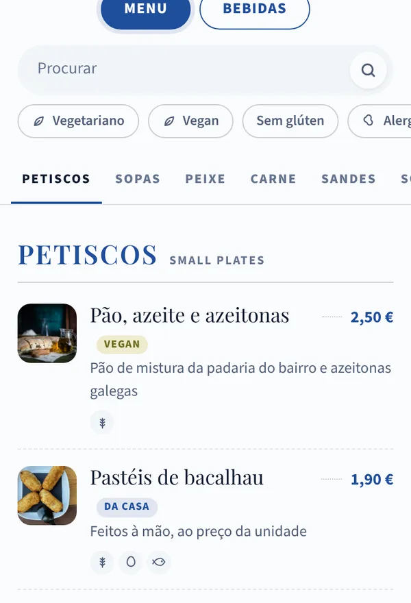 Menu da Tasca Andorinha no estilo Carta clássica, na paleta Azulejo