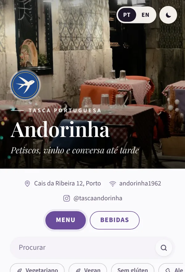 Menu da Tasca Andorinha no estilo Contemporâneo, na paleta Jacarandá