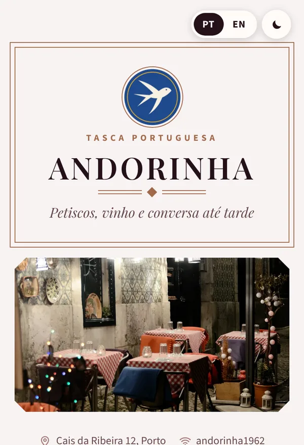 Menu da Tasca Andorinha no estilo Déco, na paleta Vinho do Porto