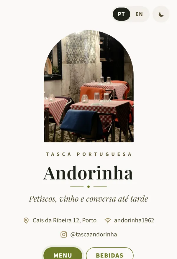 Menu da Tasca Andorinha no estilo Elegante, na paleta Oliveira