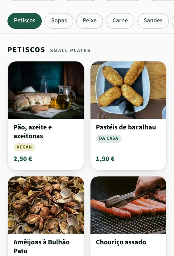 Menu da Tasca Andorinha no estilo Galeria, na paleta Verde Garrafa