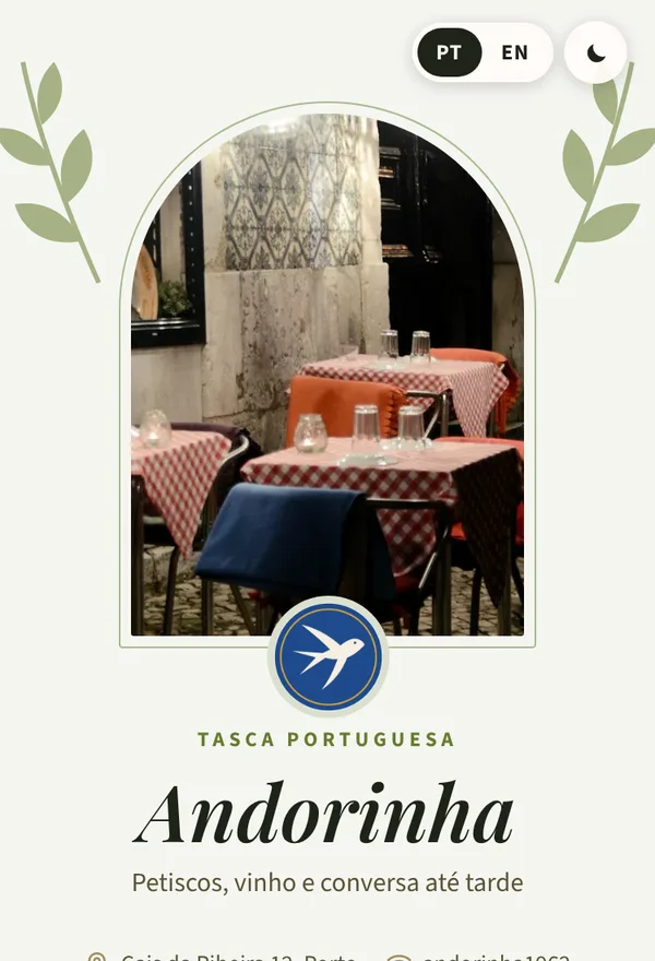 Menu da Tasca Andorinha no estilo Jardim, na paleta Oliveira
