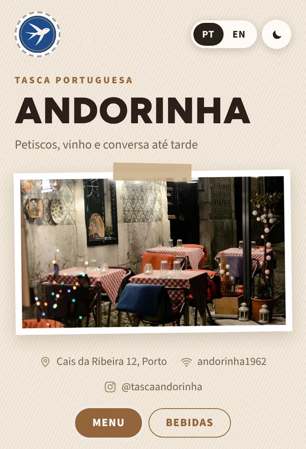 Menu da Tasca Andorinha no estilo Mercearia, na paleta Cortiça