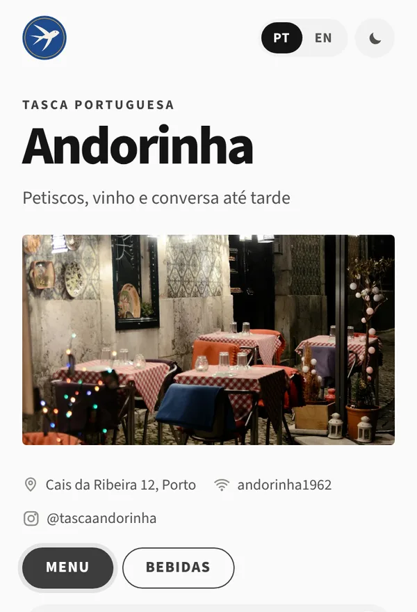 Menu da Tasca Andorinha no estilo Minimalista, na paleta Grafite