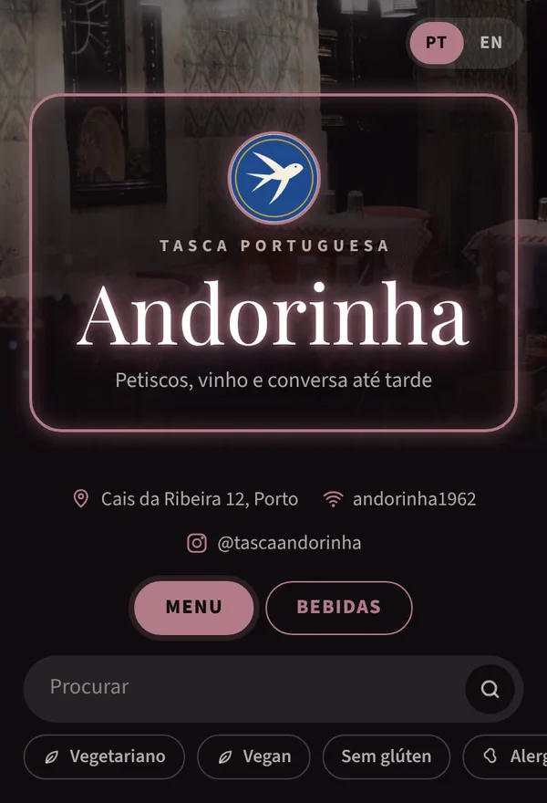 Menu da Tasca Andorinha no estilo Noite, na paleta Vinho do Porto