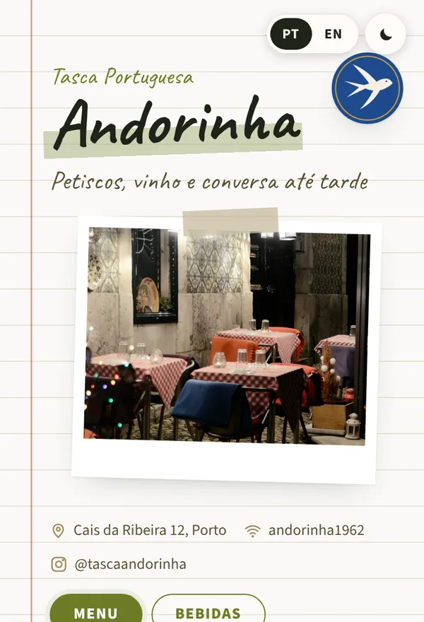 Menu da Tasca Andorinha no estilo Caderno, na paleta Oliveira