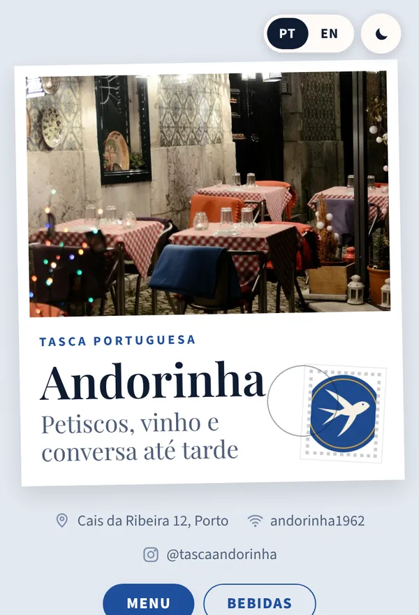 Menu da Tasca Andorinha no estilo Postal, na paleta Azulejo
