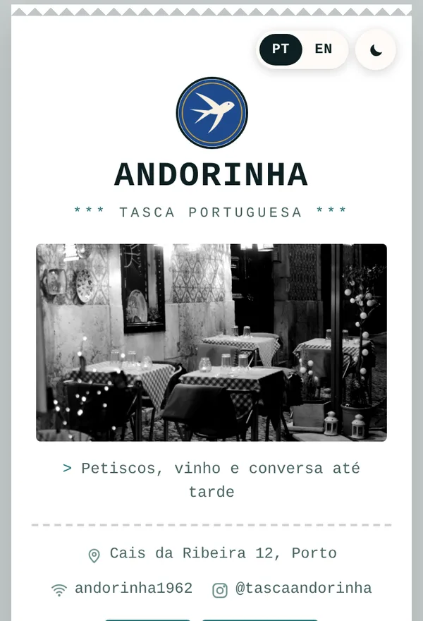 Menu da Tasca Andorinha no estilo Talão, na paleta Ria