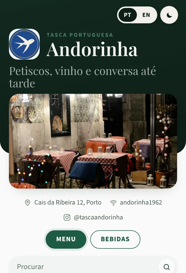 Menu da Tasca Andorinha no estilo Montra, na paleta Verde Garrafa