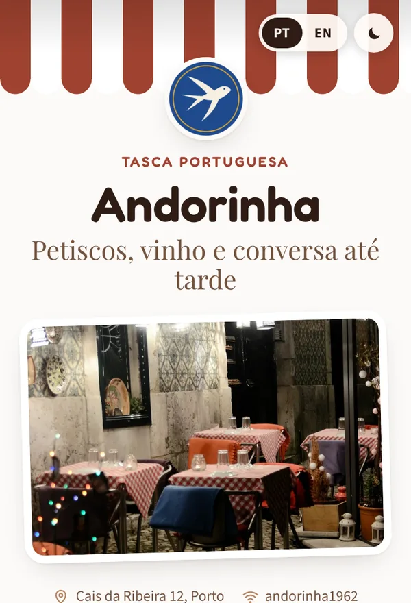 Menu da Tasca Andorinha no estilo Esplanada, na paleta Terracota