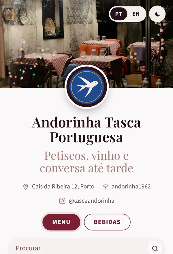 Menu da Tasca Andorinha no estilo Mosaico, na paleta Vinho do Porto