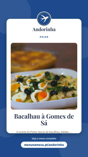 Imagem para as histórias do Instagram da Tasca Andorinha, desenho Cartão, com o prato Bacalhau à Gomes de Sá e o endereço do menu
