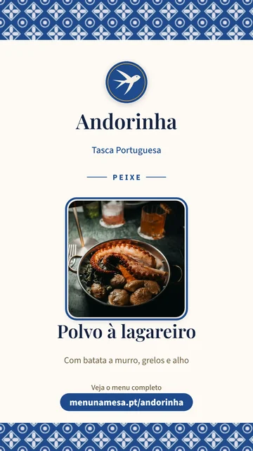 Imagem para as histórias do Instagram da Tasca Andorinha, desenho No estilo do menu, com o prato Polvo à lagareiro e o endereço do menu