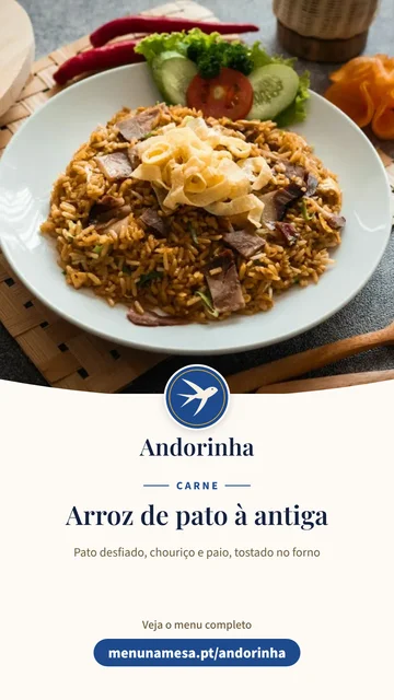 Imagem para as histórias do Instagram da Tasca Andorinha, desenho Mosaico, com o prato Arroz de pato à antiga e o endereço do menu