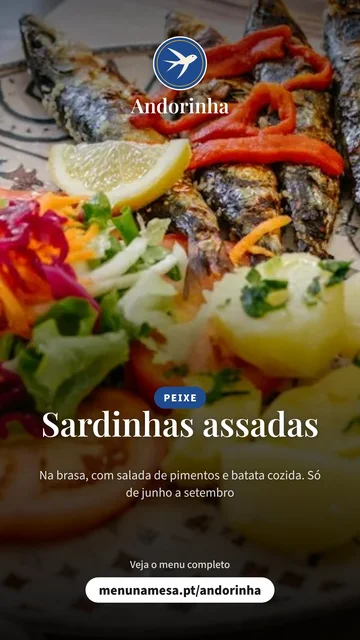 Imagem para as histórias do Instagram da Tasca Andorinha, desenho Foto inteira, com o prato Sardinhas assadas e o endereço do menu