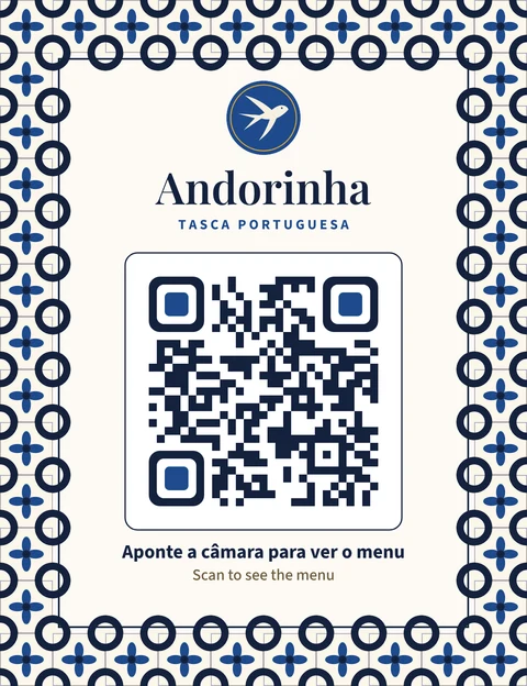 QR code da Tasca Andorinha numa moldura de azulejos nas cores da casa, com o logótipo por cima
