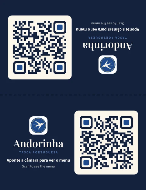Cartão dobrável da Tasca Andorinha, com o QR code e o logótipo dos dois lados da dobra