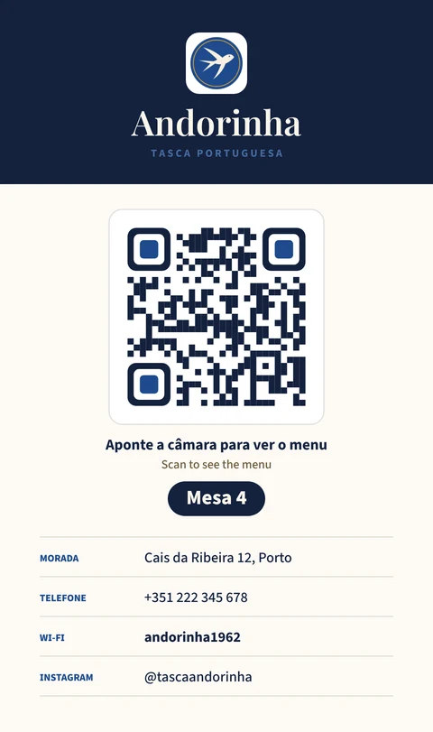 Cartão de mesa da Tasca Andorinha, com o QR code, a indicação Mesa 4 e, por baixo, a morada, o telefone, o Wi-Fi e o Instagram